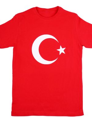 Bisiklet Yaka Tişört Kırmızı Türk Bayrak Baskılı Ön